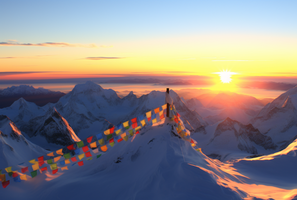 Sunrise Serenity over Prayer Flag Adorned Peaks