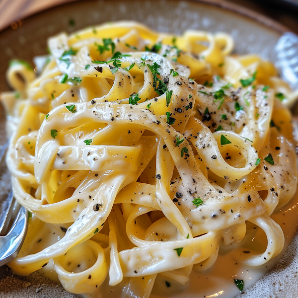 Creamy Herb-Garnished Pasta Close-Up