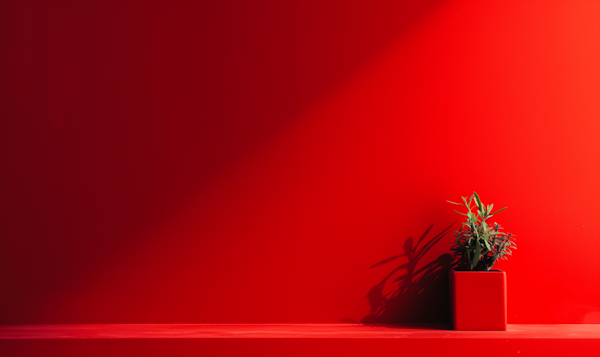 Minimalist Red Composition with Potted Plant