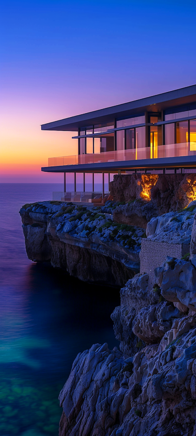 Modern Cliffside Glass-Walled House at Dusk