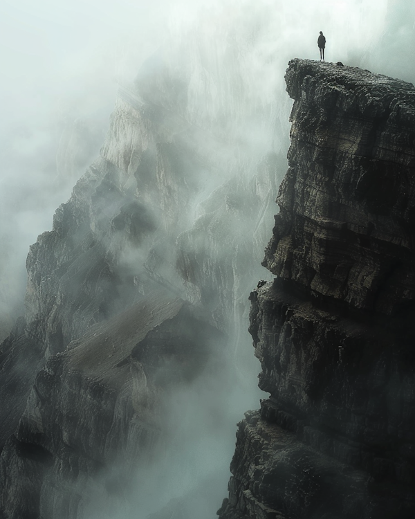 Contemplative Figure on Misty Cliff