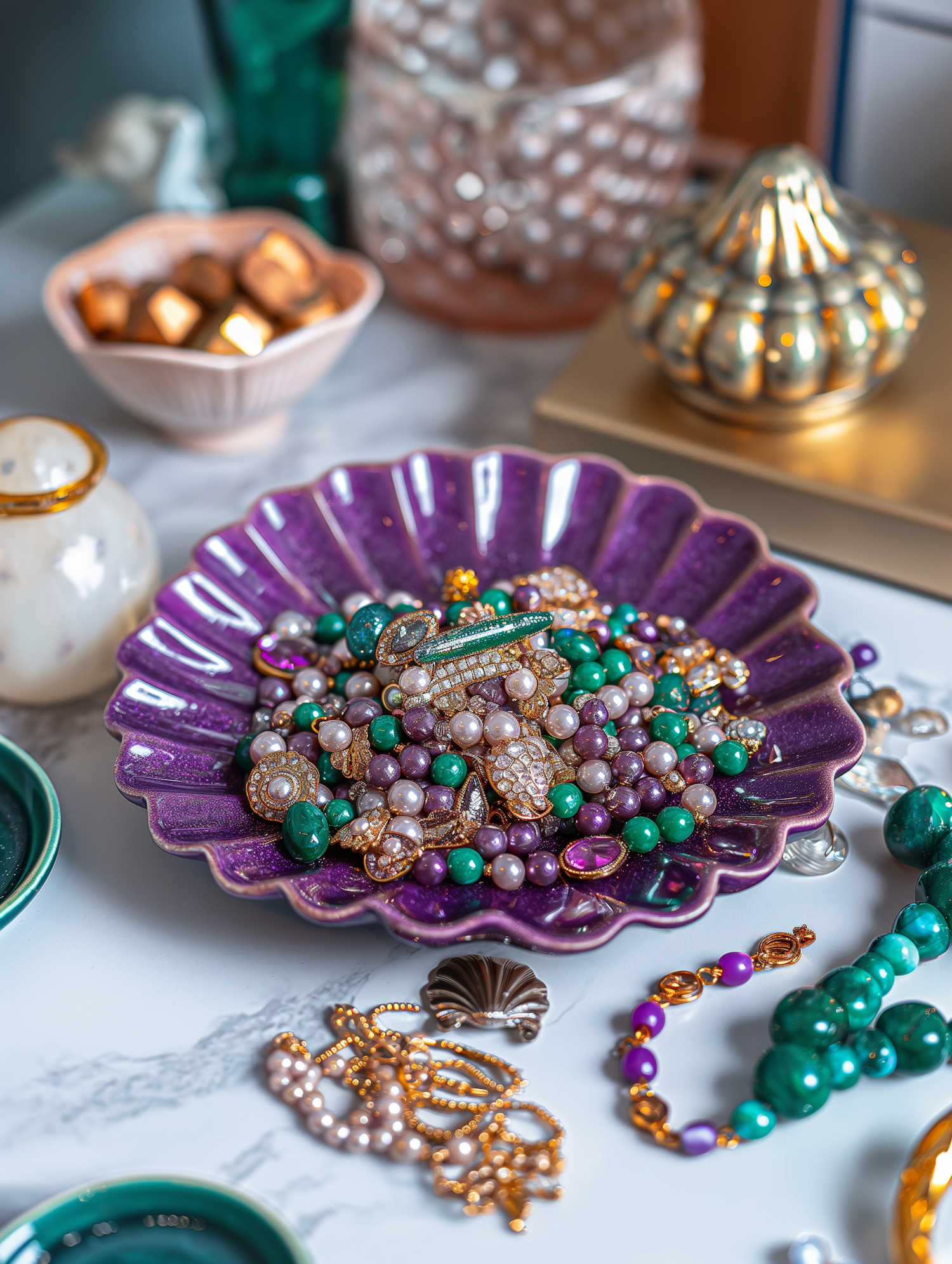 Ornate Jewelry on Purple Dish