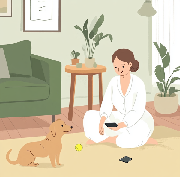 Tranquil Living Room with Woman and Dog