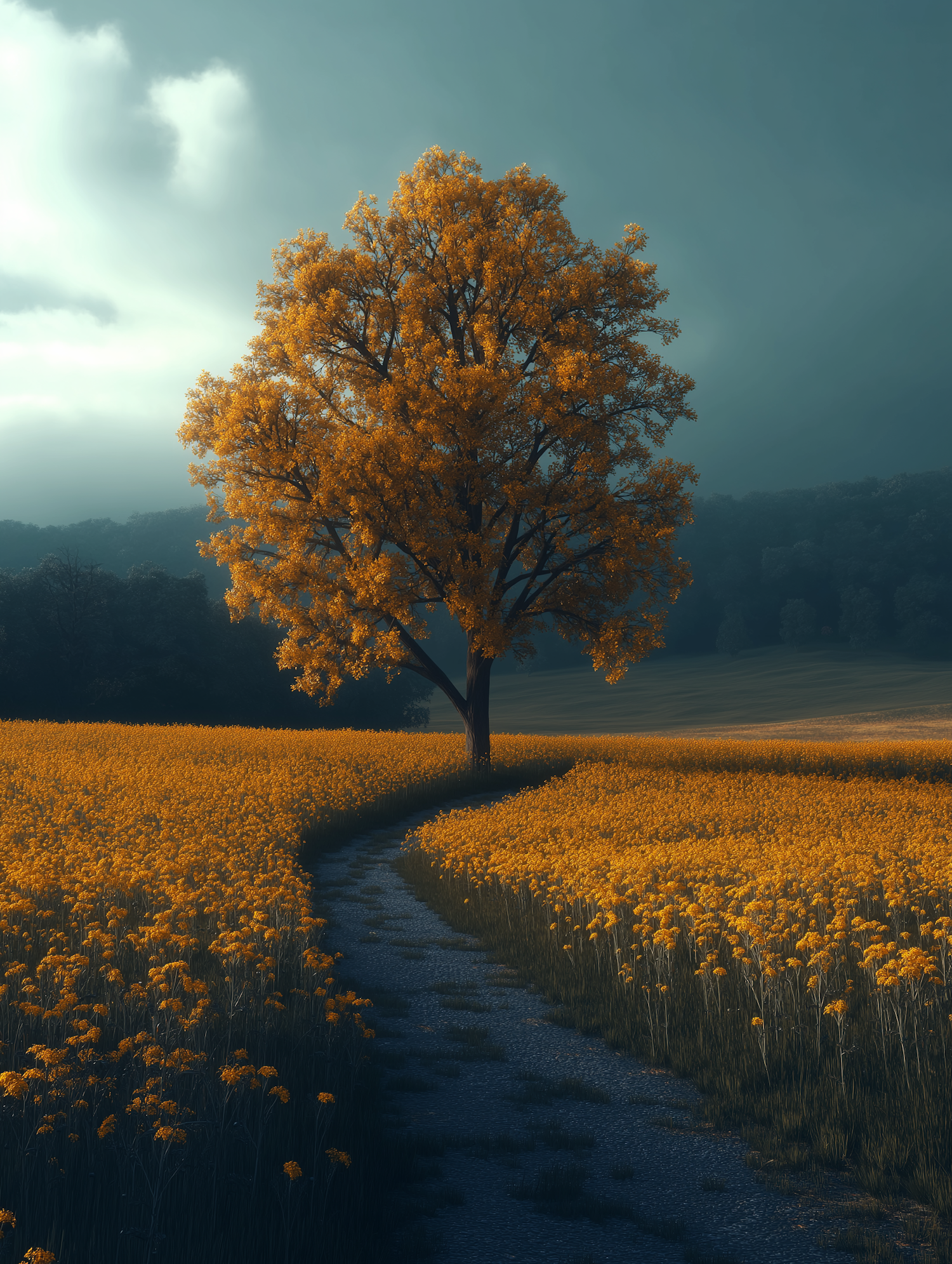 Serene Landscape with Orange Tree