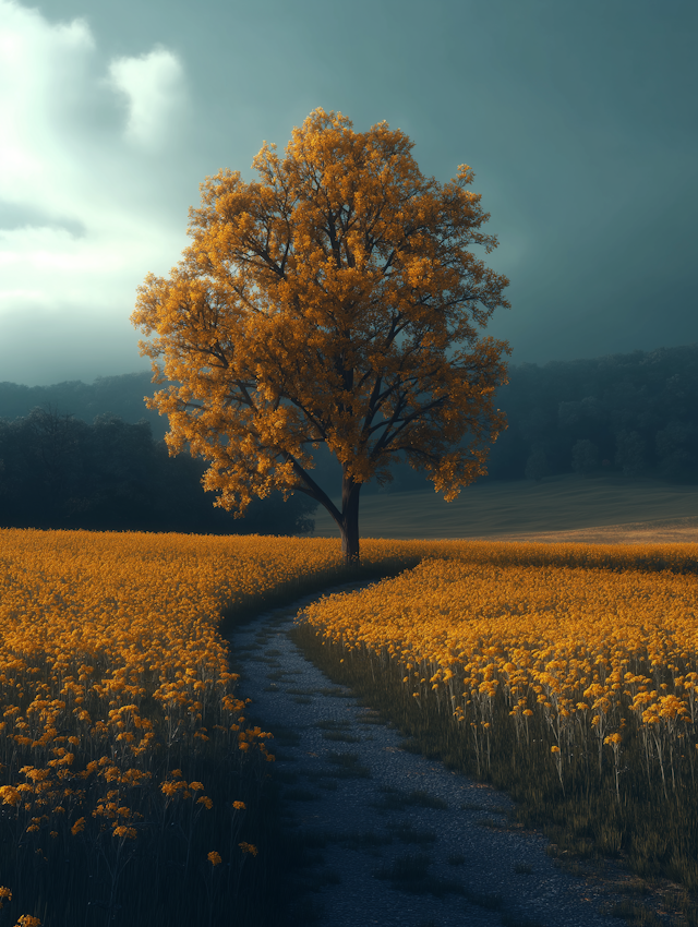 Serene Landscape with Orange Tree