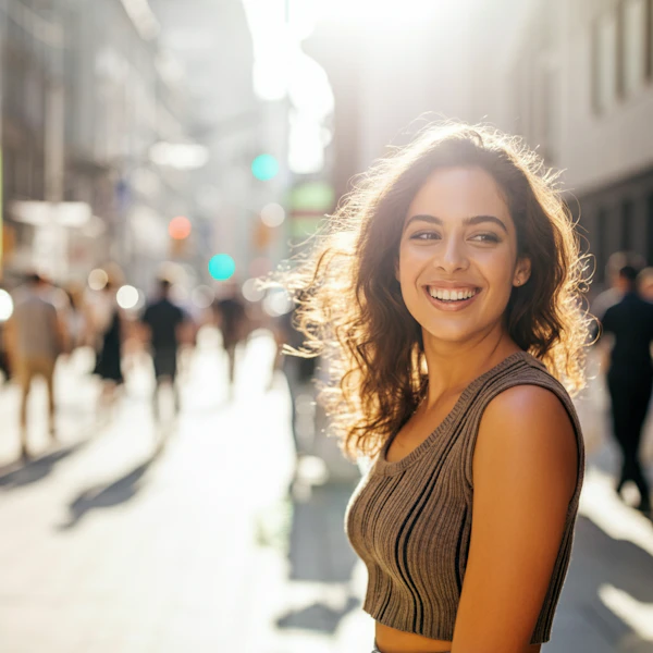 Joyful Urban Portrait of a young smiling woman