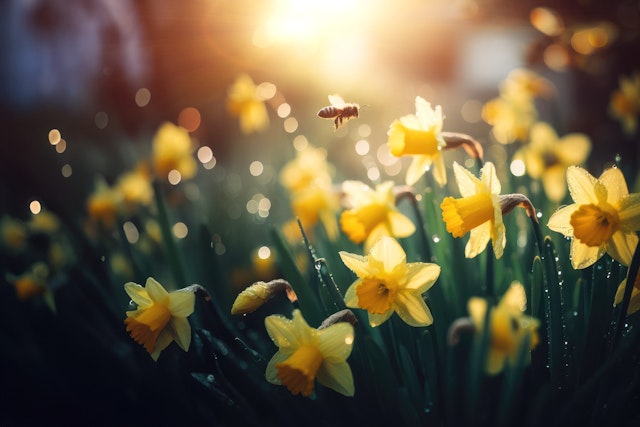 Springtime Daffodils with Bee