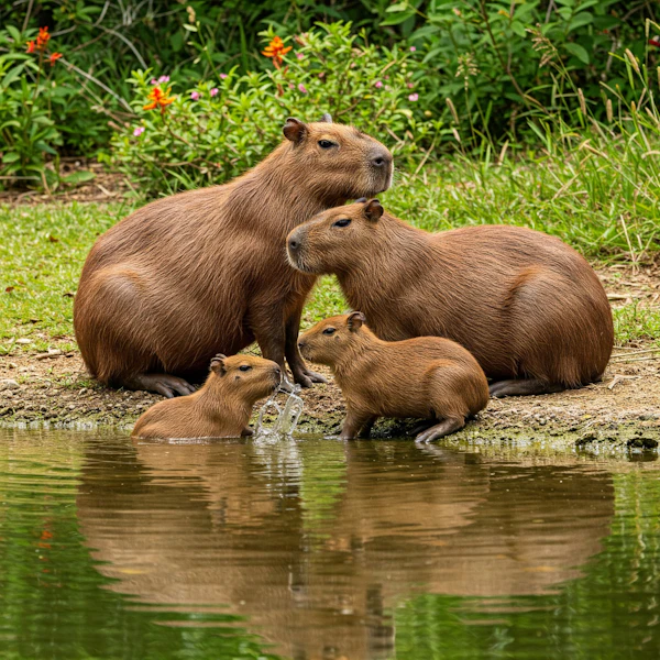 Capybara Family by Pond