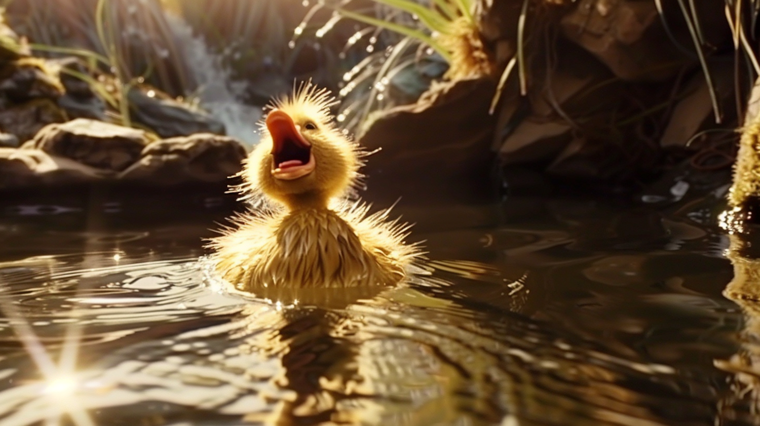 Duckling in Sunlit Pond