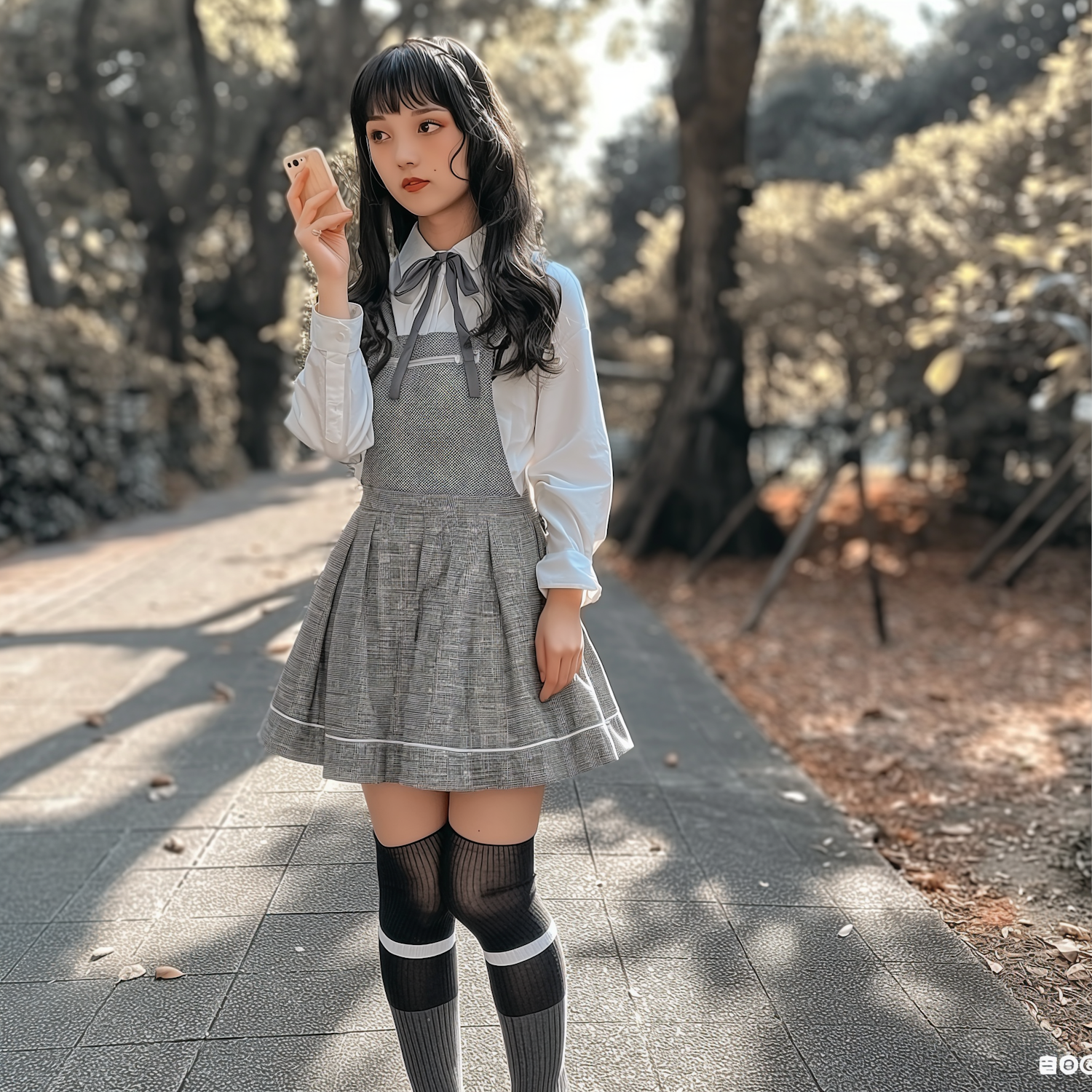 Stylish Schoolgirl with Smartphone on Tree-Lined Path