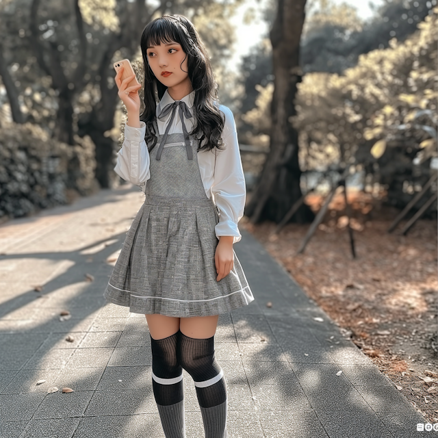 Stylish Schoolgirl with Smartphone on Tree-Lined Path