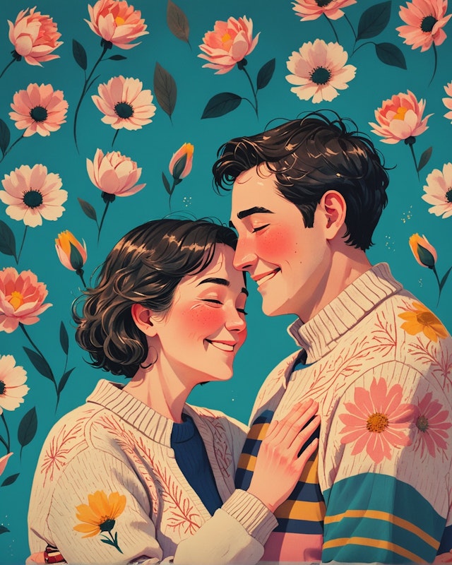 Embracing Couple with Floral Background