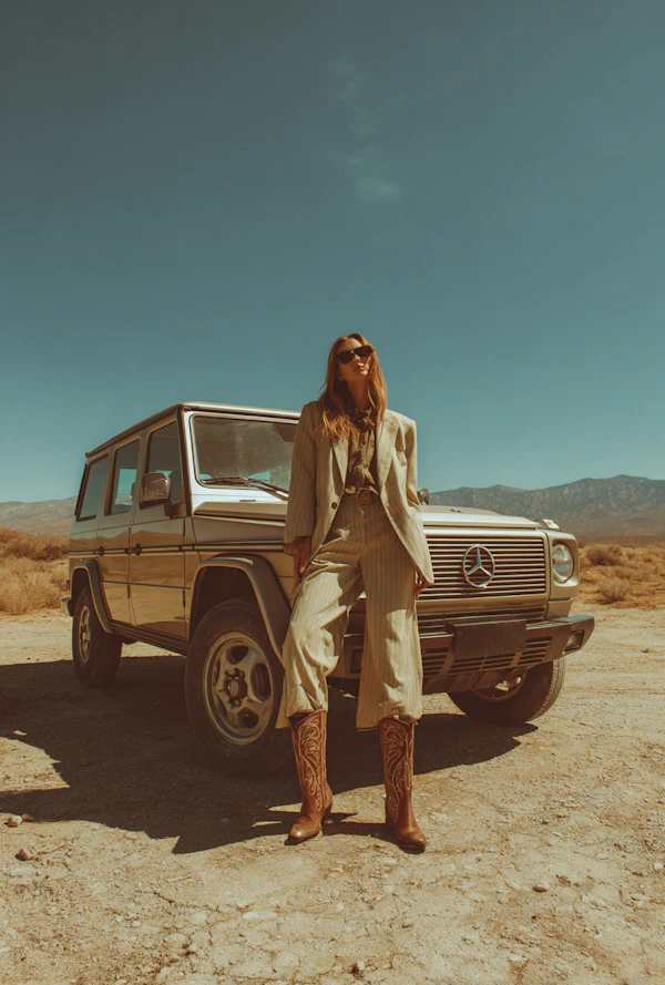 Woman with Mercedes in Desert