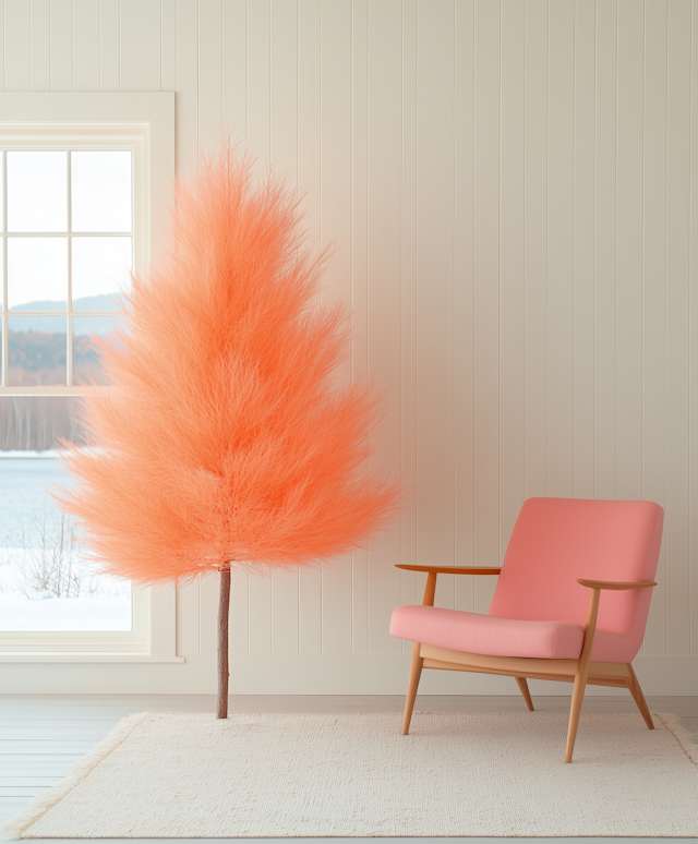 Minimalist Interior with Orange Fluffy Structure