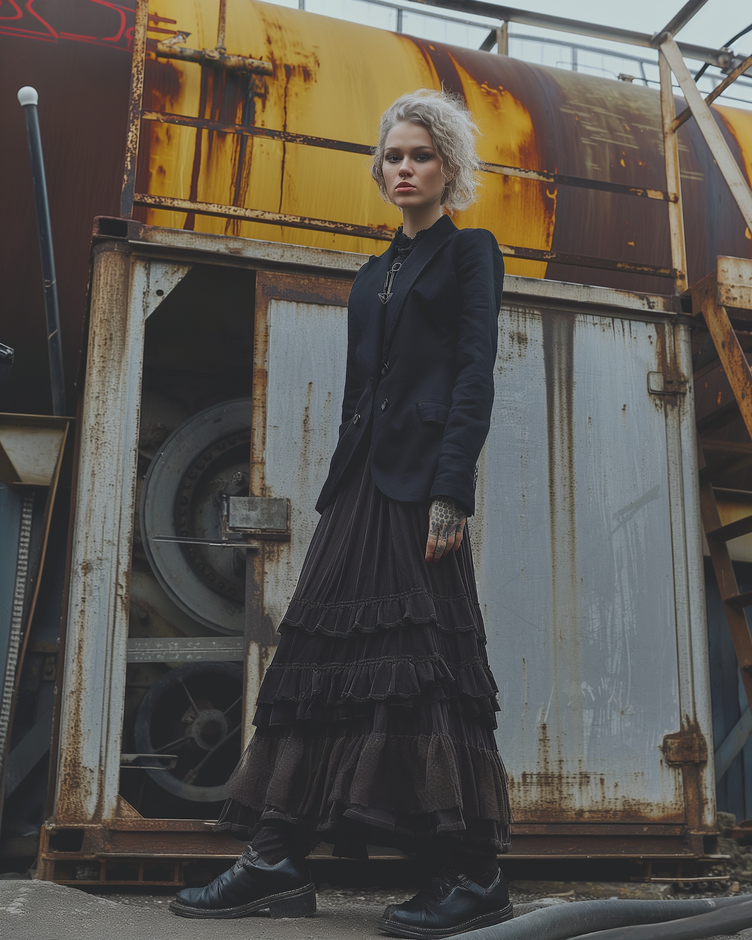 Woman with Punk Aesthetic in Industrial Setting