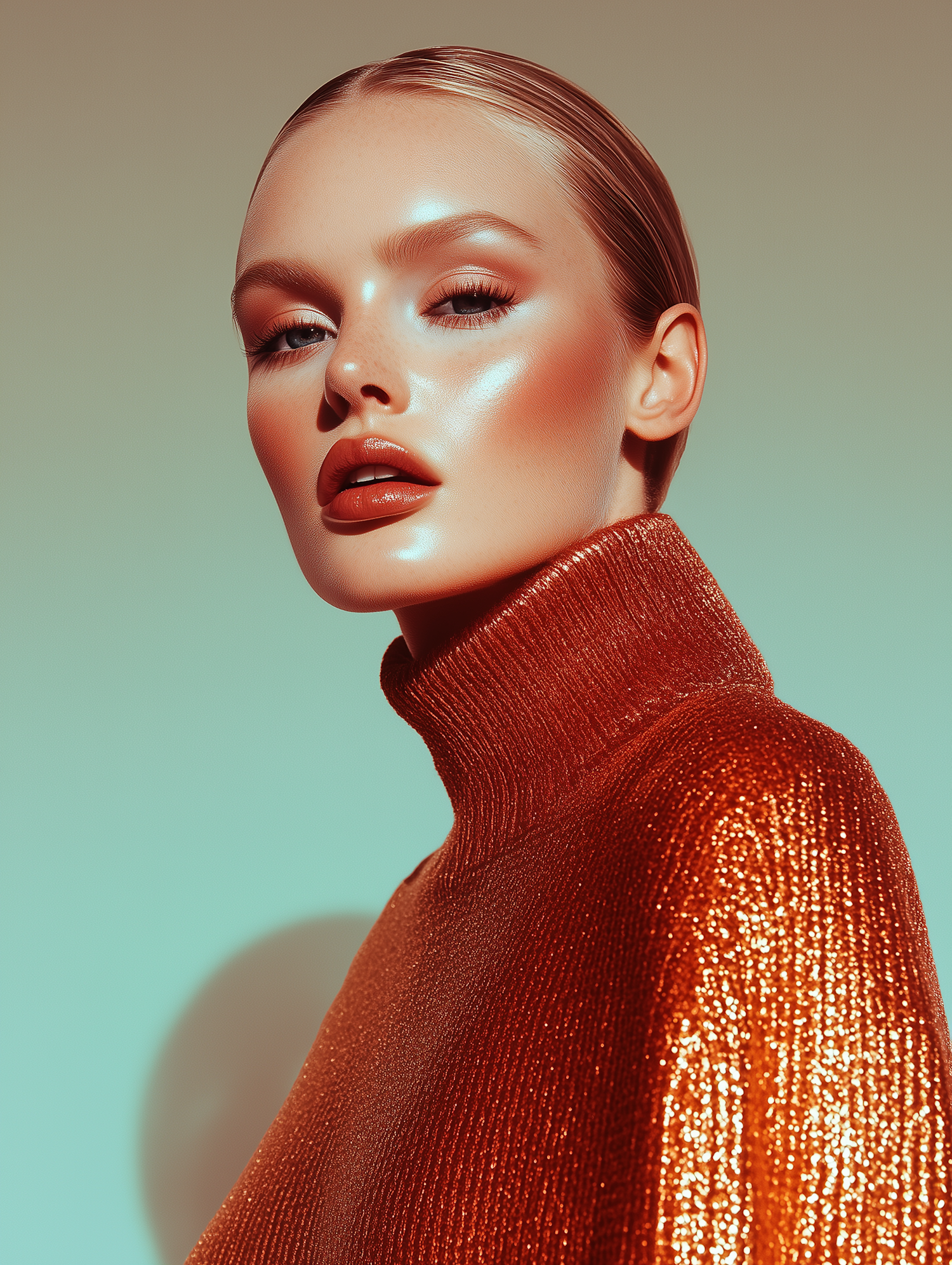 Striking Portrait with Metallic Orange Turtleneck