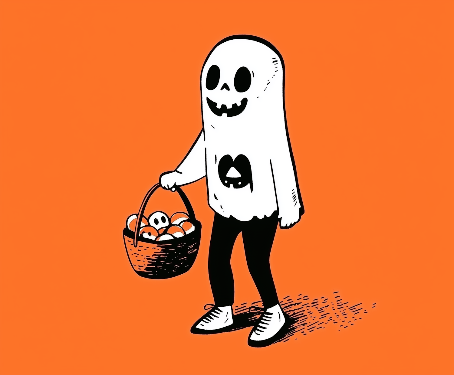 Cartoon Ghost with Basket of Treats