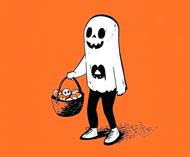 Cartoon Ghost with Basket of Treats