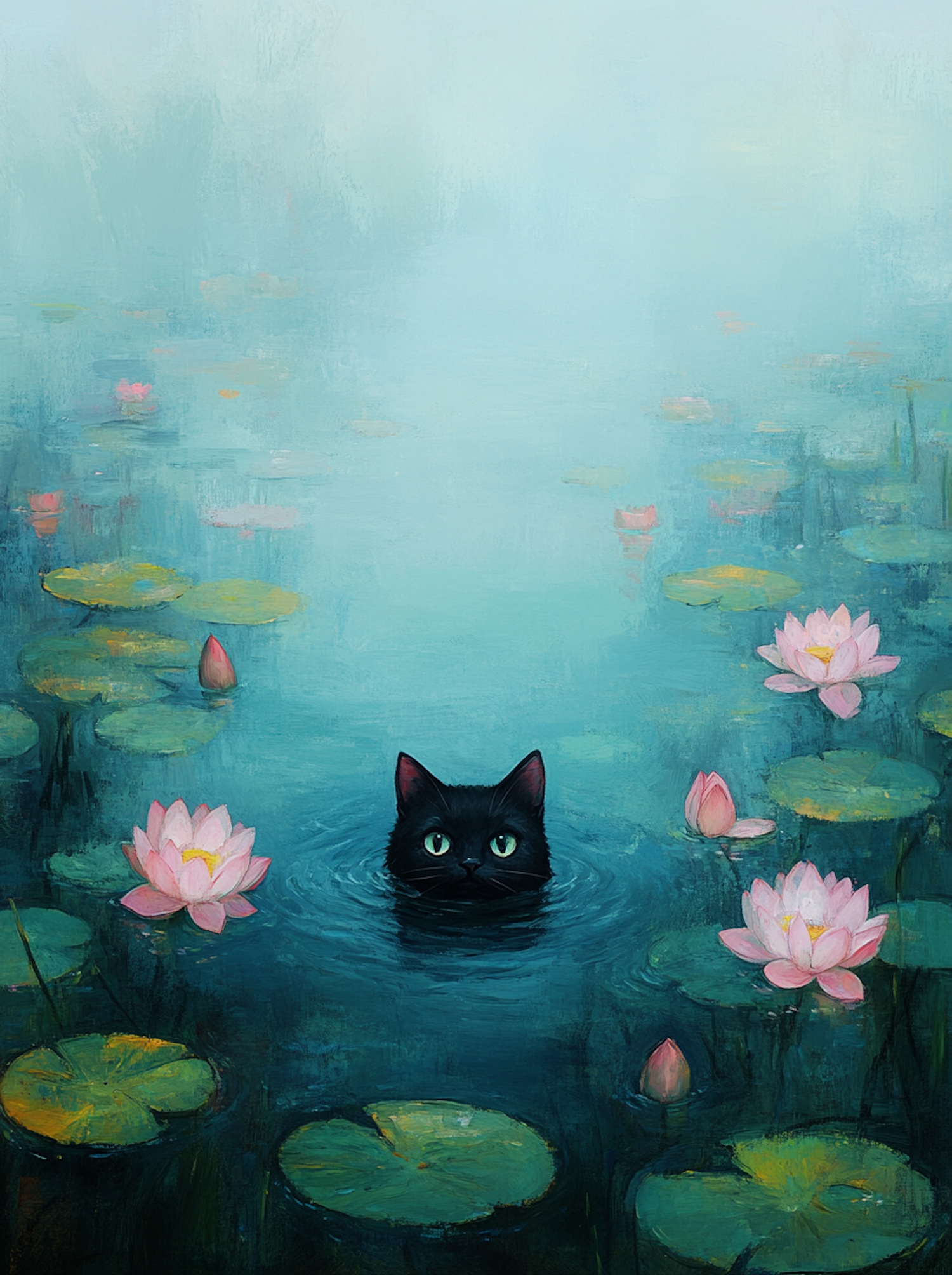 Whimsical Cat and Lotus Pond