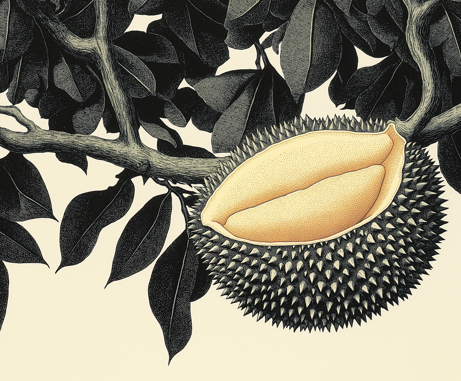 Detailed Illustration of Split Durian Fruit