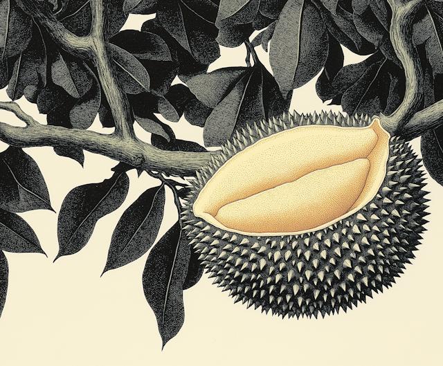 Detailed Illustration of Split Durian Fruit