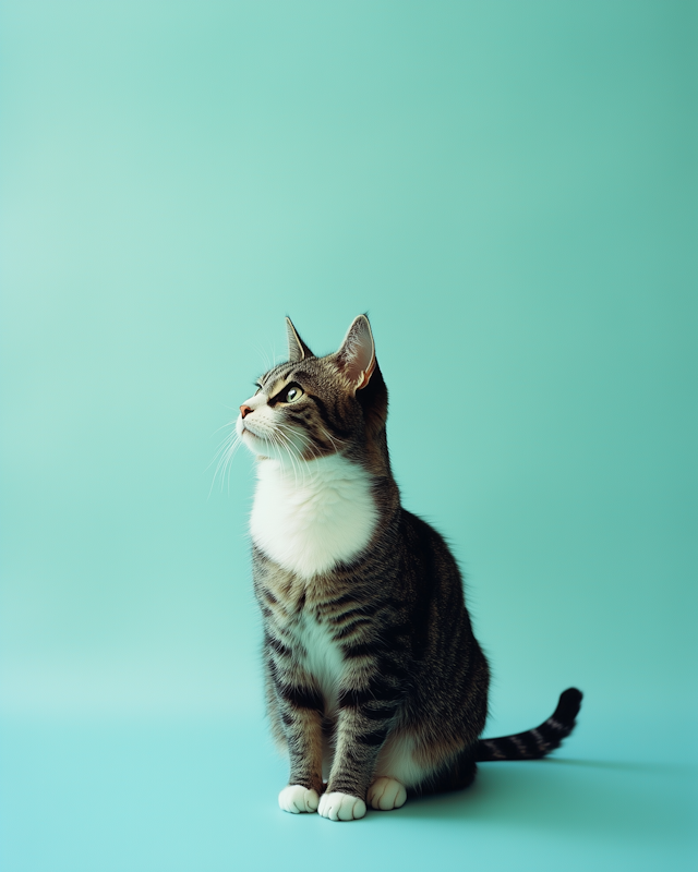 Tabby Cat on Turquoise Background