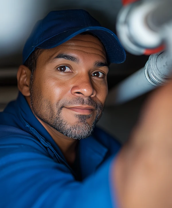 Focused Worker in Blue