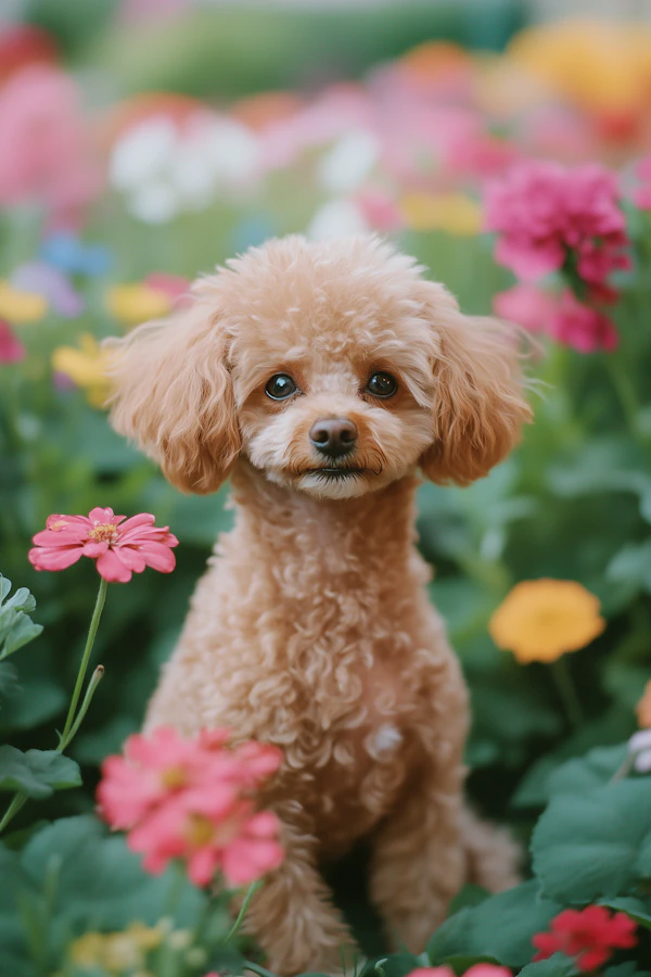 Curly-Haired Dog in Flower Garden