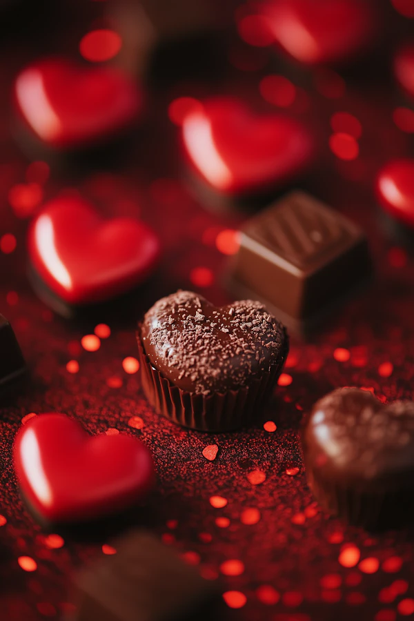 Heart-Shaped Chocolates on Red Background