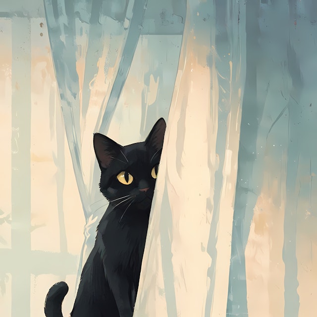 Curious Black Cat Behind Curtain