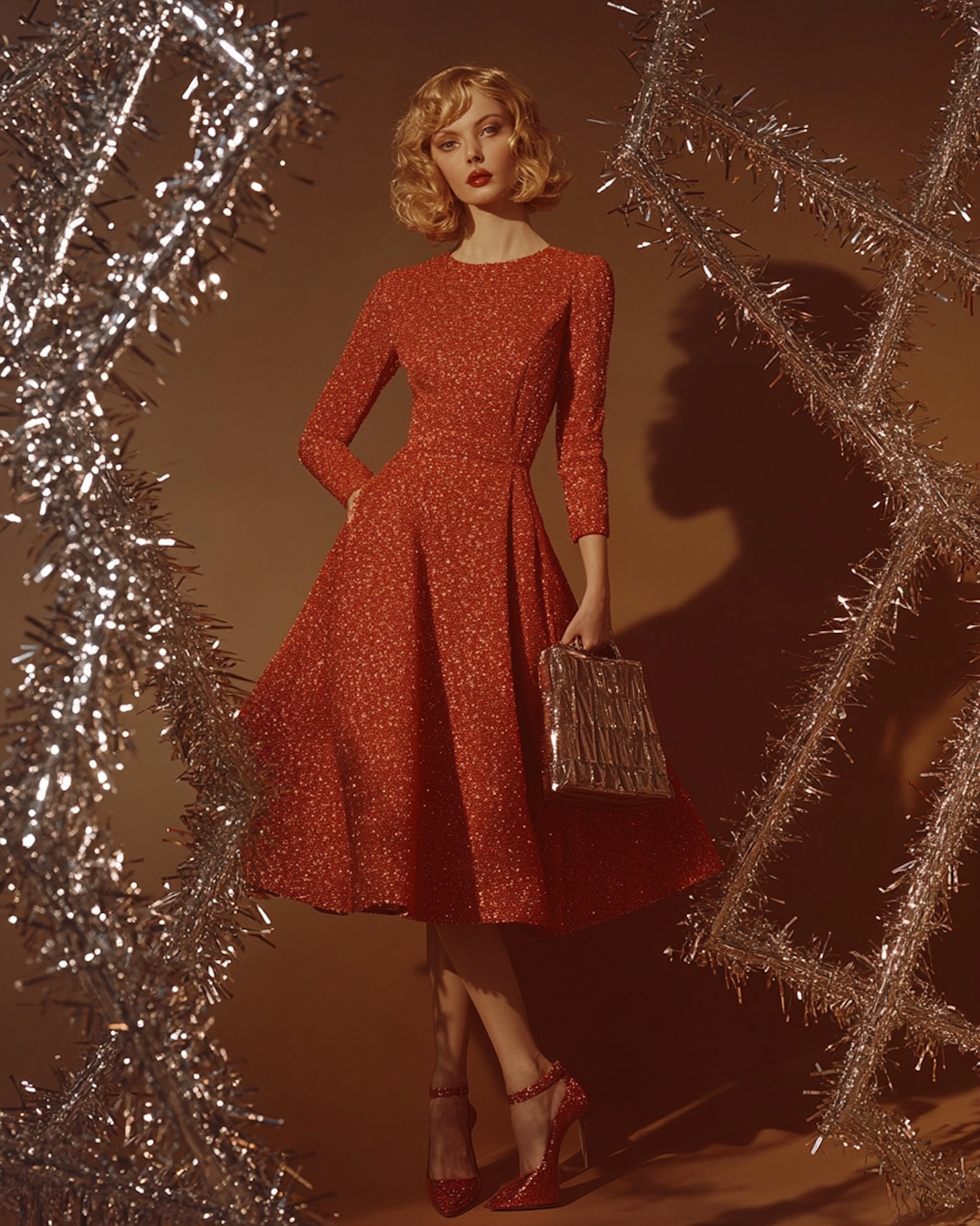 Woman in Red Dress with Festive Background