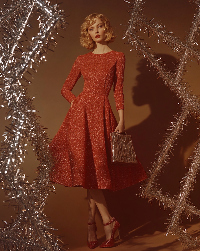 Woman in Red Dress with Festive Background