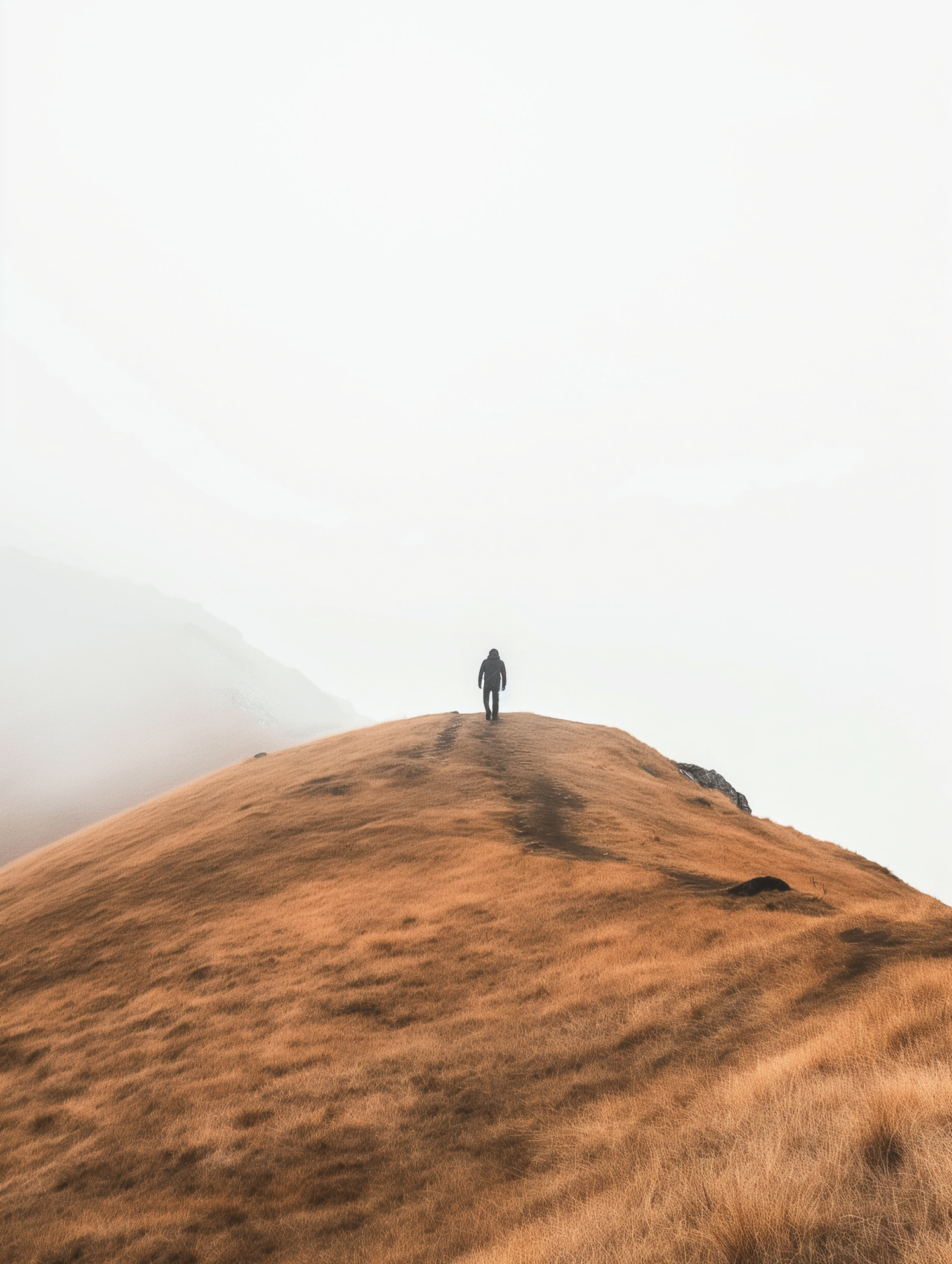 Solitary Hiker on a Foggy Hill