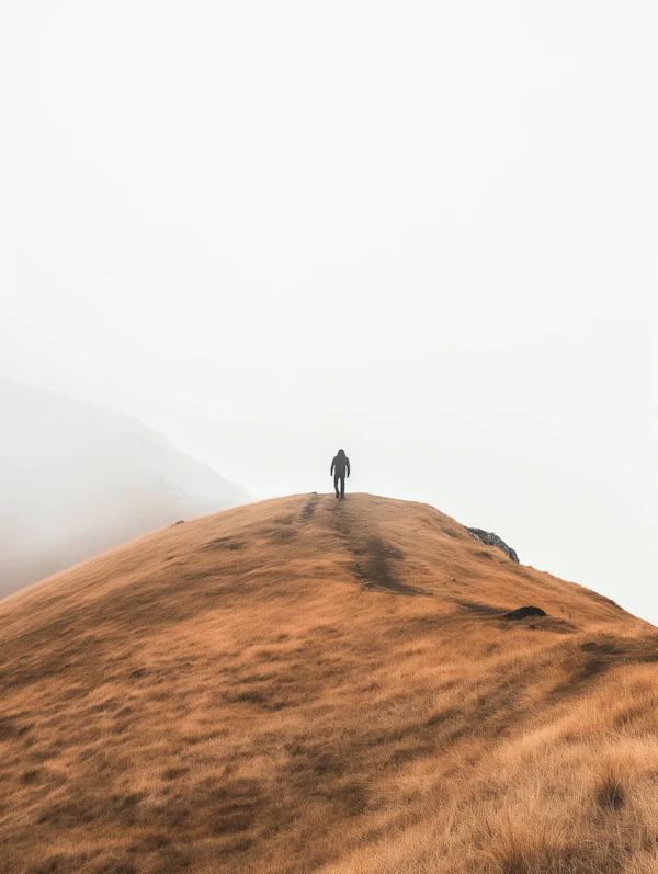 Solitary Hiker on a Foggy Hill