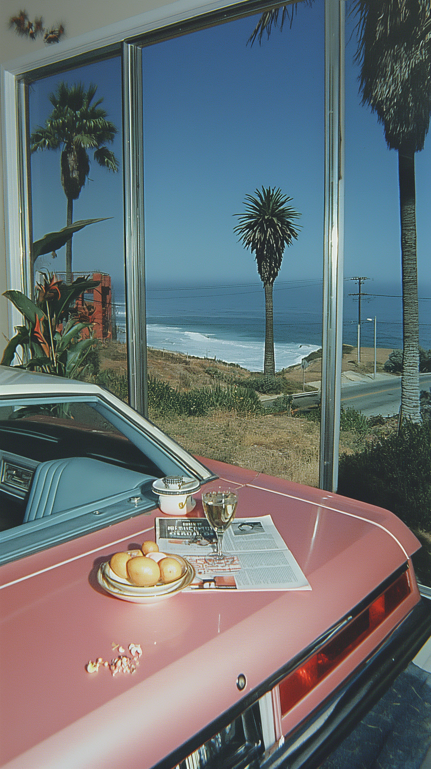 Vintage Pink Car with Coastal View