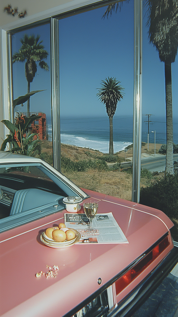 Vintage Pink Car with Coastal View