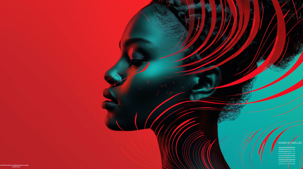 Striking Profile with Teal Skin and Red Background