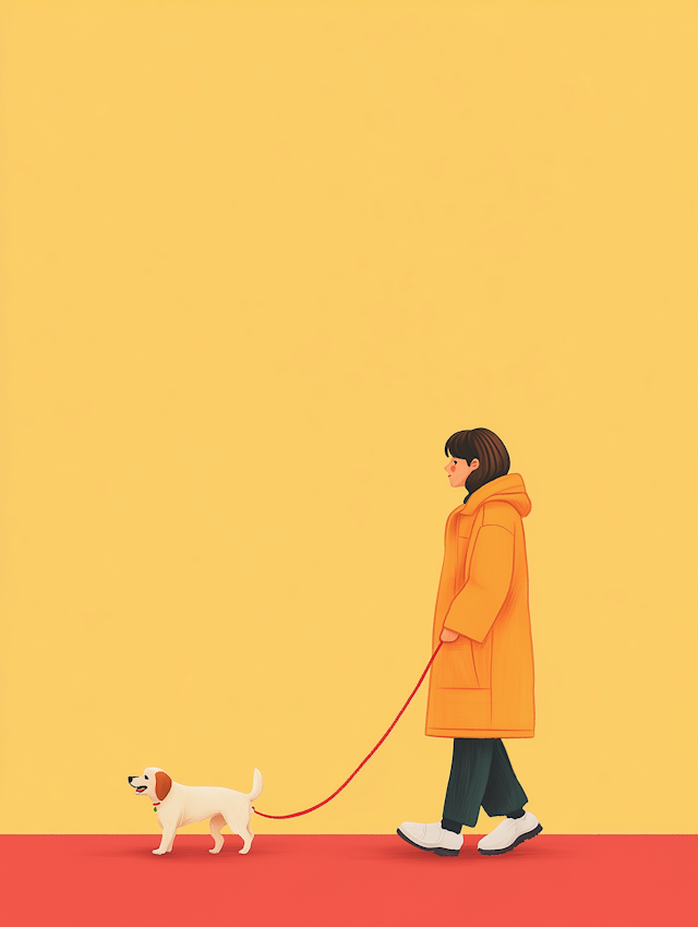 Woman Walking Dog Against Yellow Background