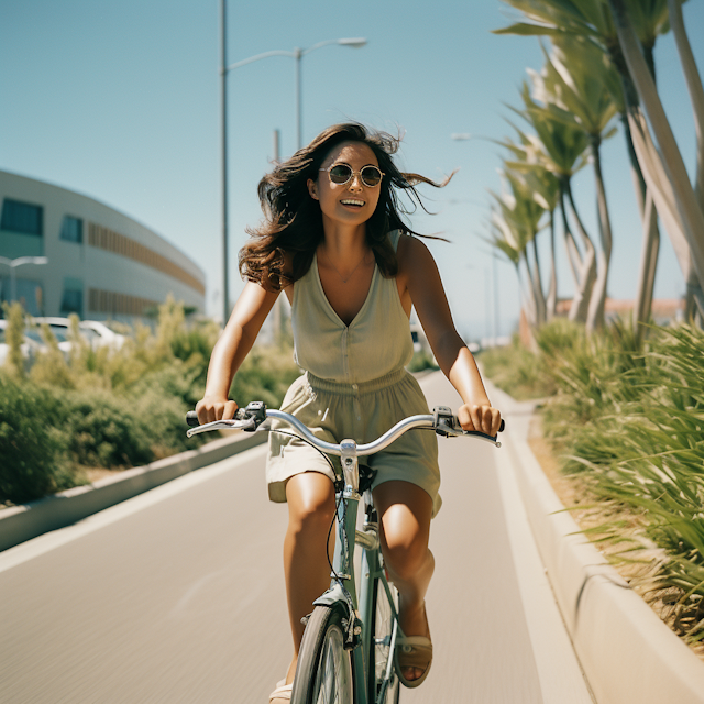 Sunny Serenity: Carefree Cyclist on a Palm-Lined Path