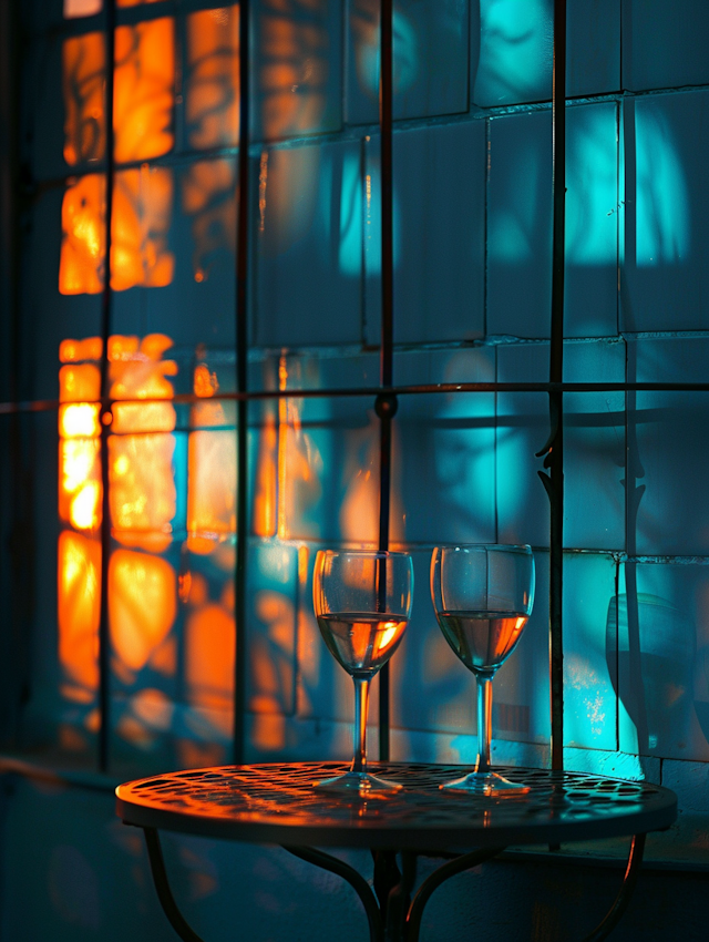 Intimate Wine Glasses with Blue and Orange Lighting