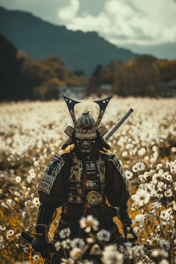 Serene Samurai in Field of White Flowers