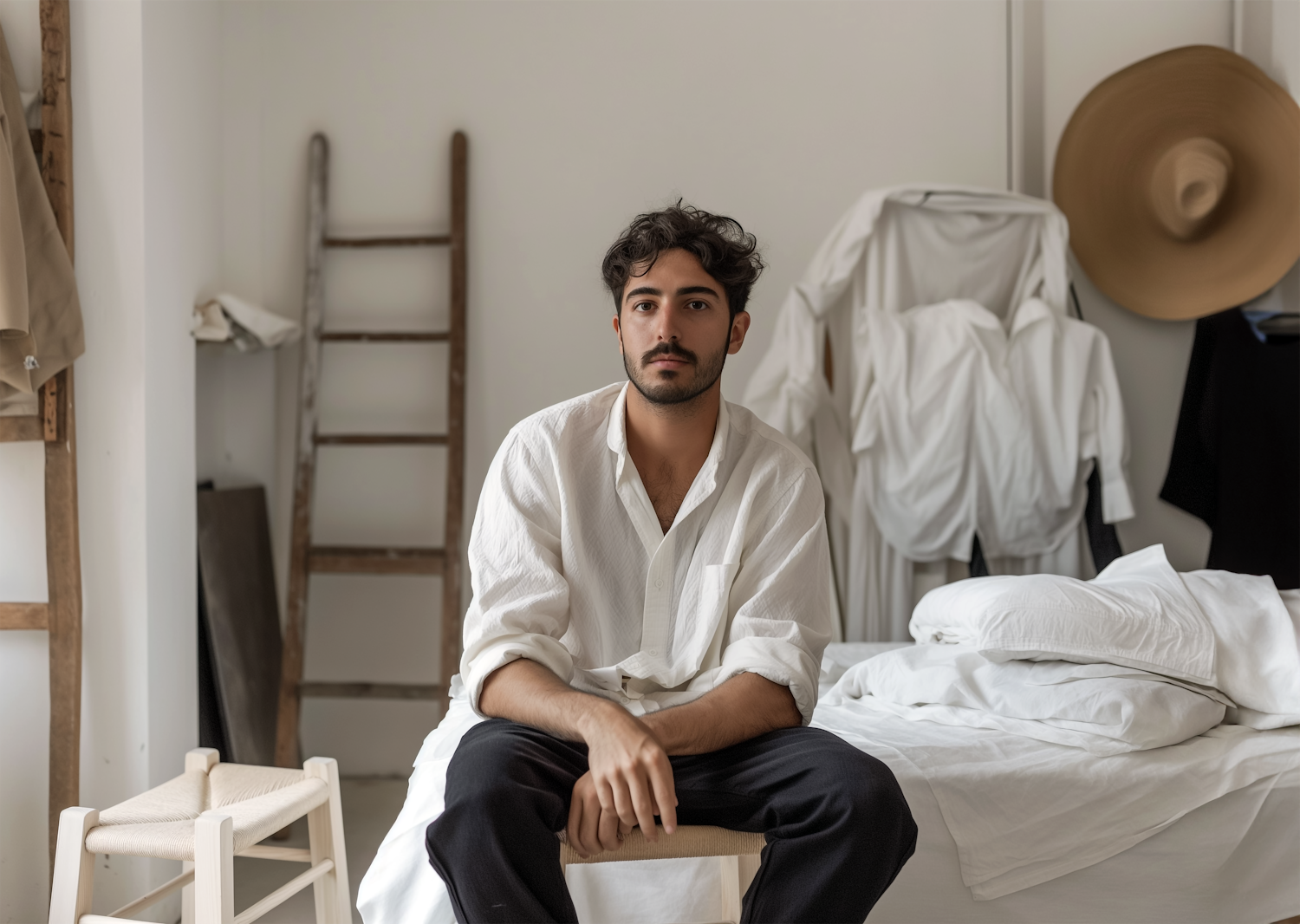 Contemplative Young Man Seated on Bed