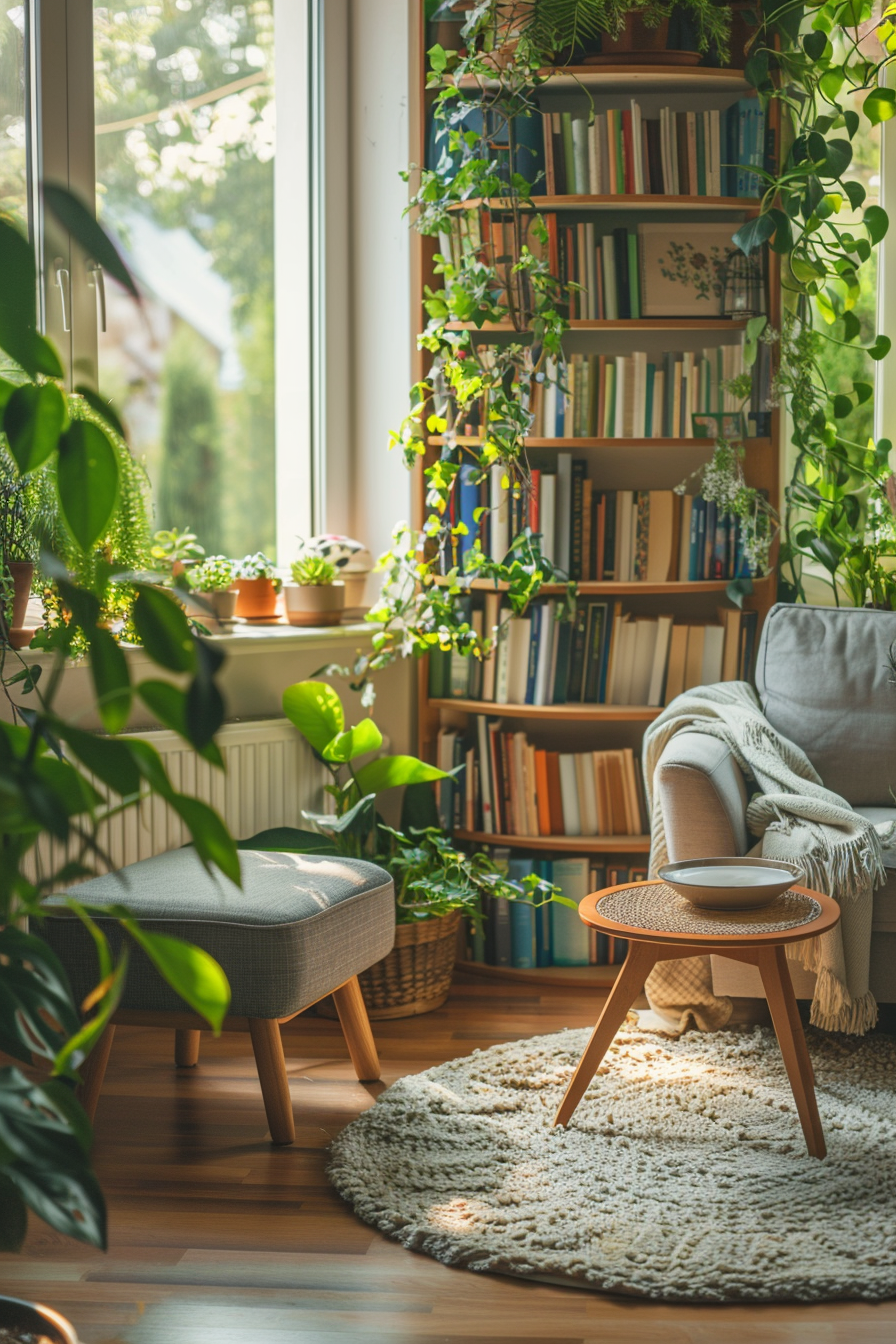 Cozy reading nook with books and plants