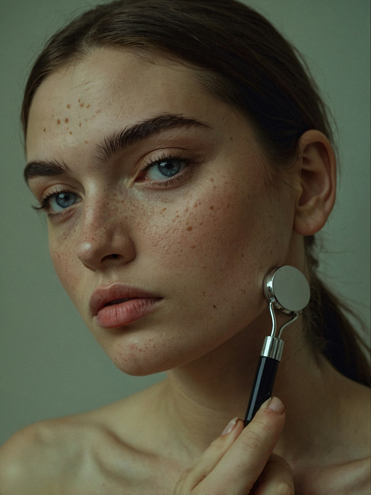 Portrait of a Young Woman with Facial Roller