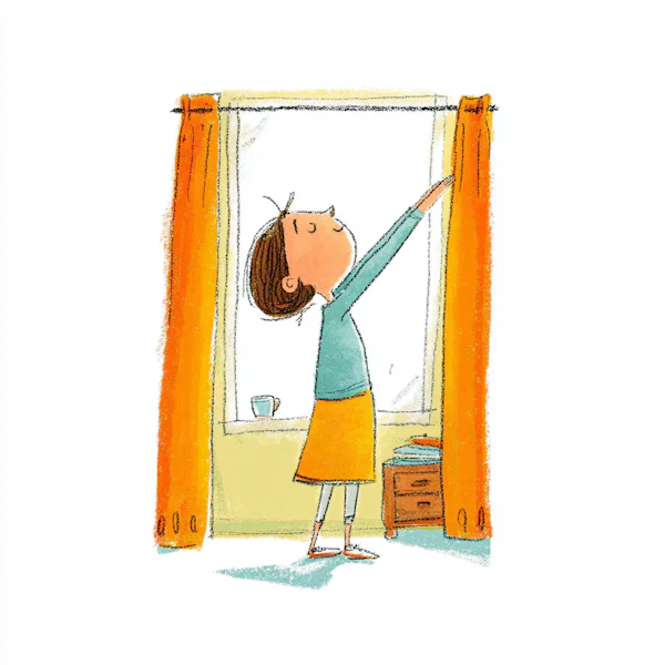 Girl Adjusting Curtains