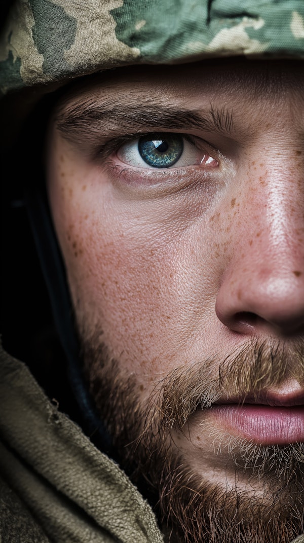 Close-up of Man's Face in Military Helmet