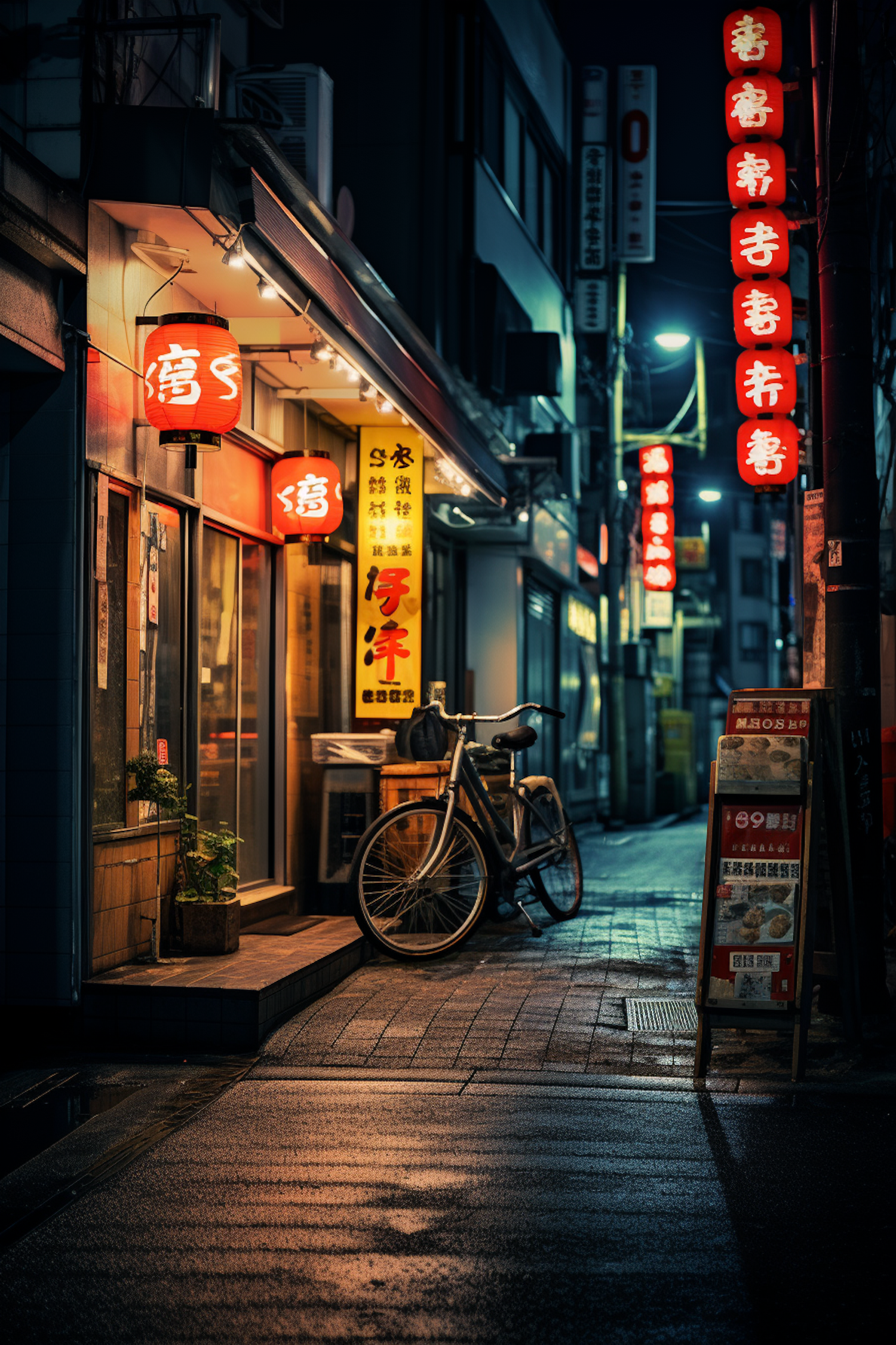 Serene Urban Night with Lanterns in Japan