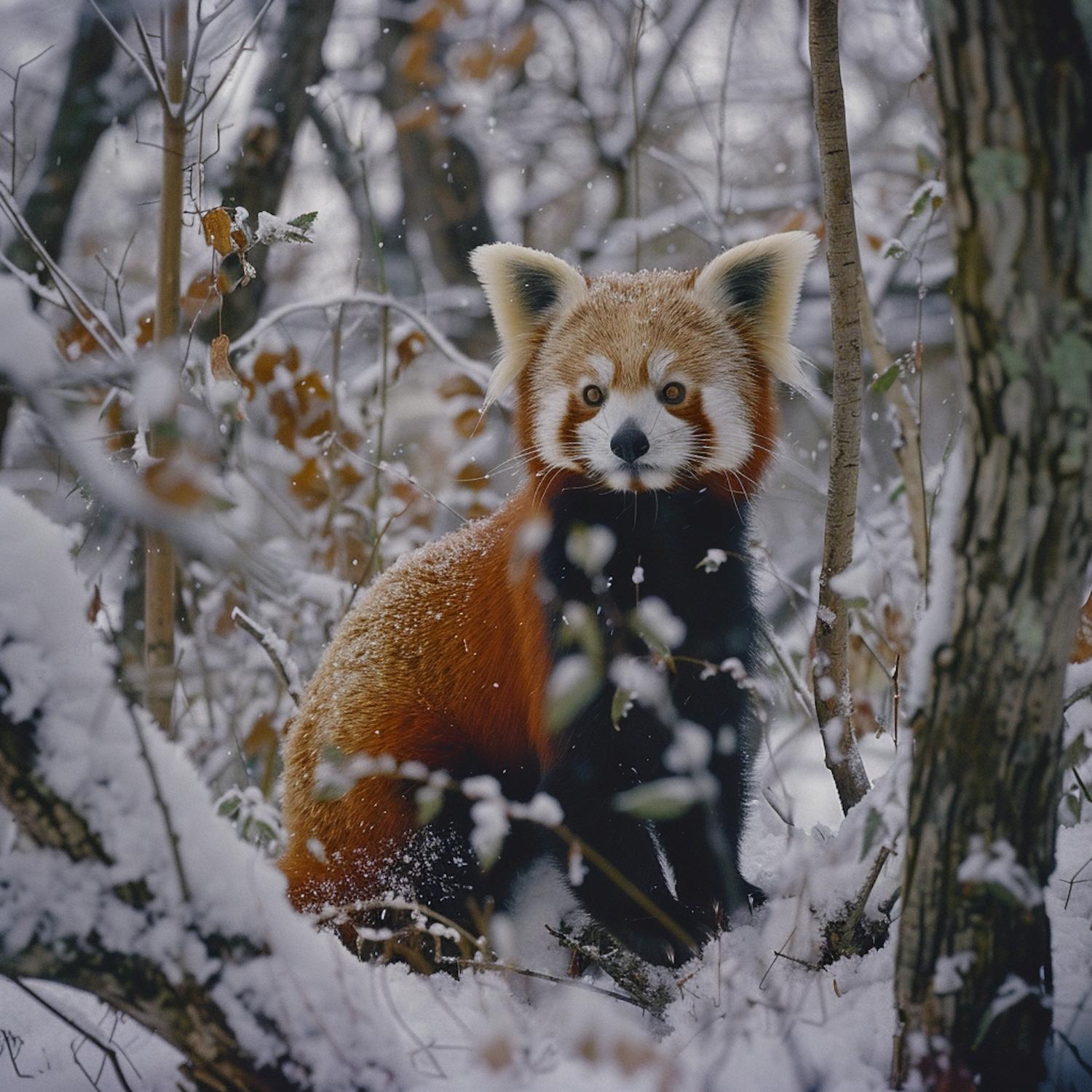 Red Panda Amidst Snowy Forest