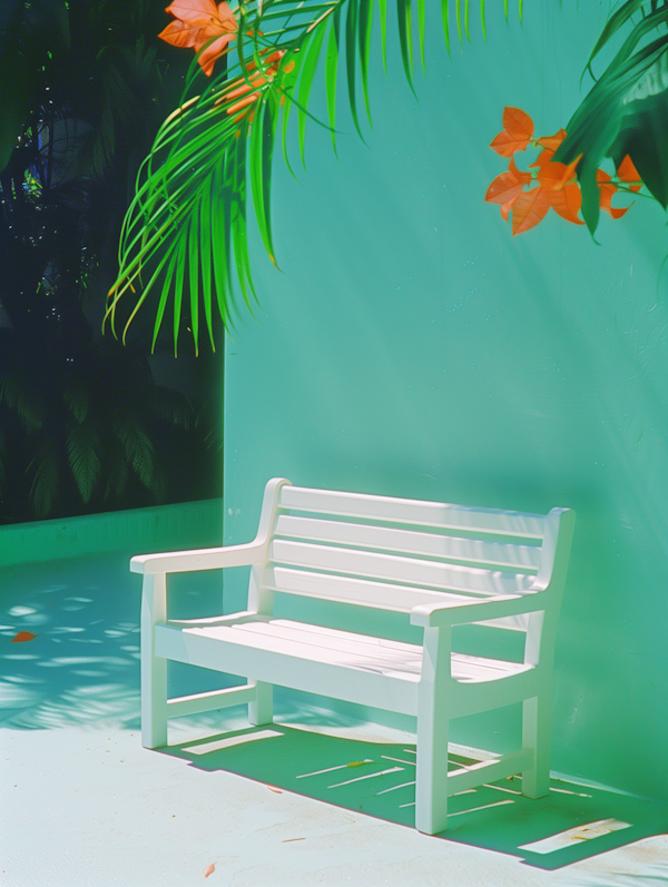 Serene Outdoor Scene with White Bench