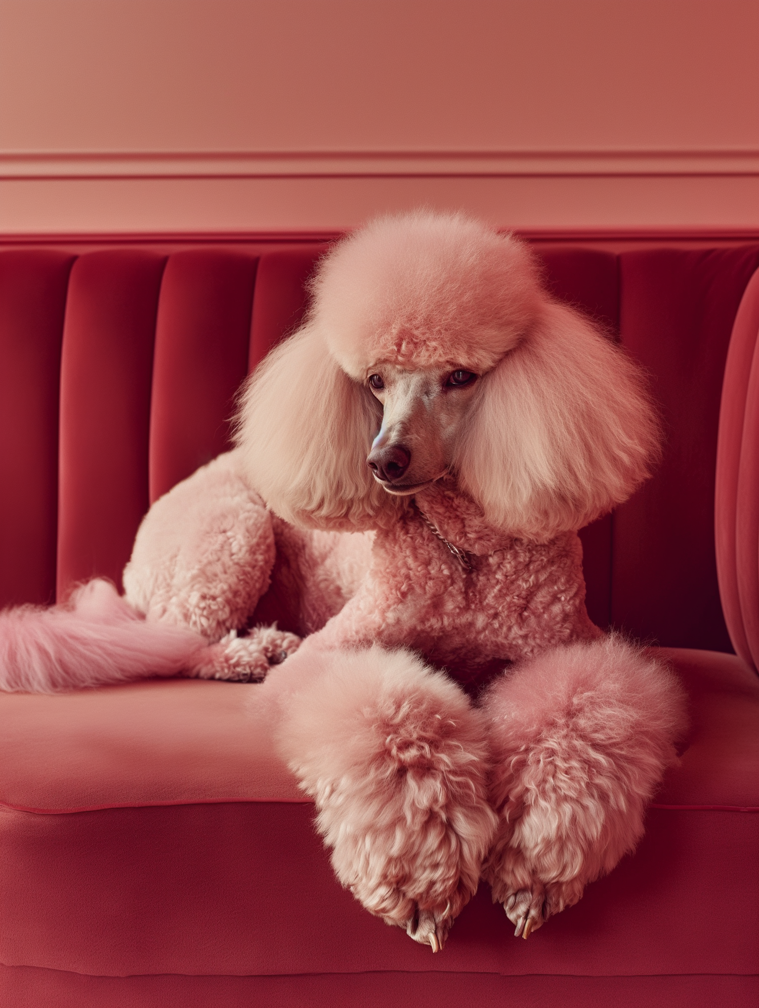 Regal Pink Poodle on Red Sofa